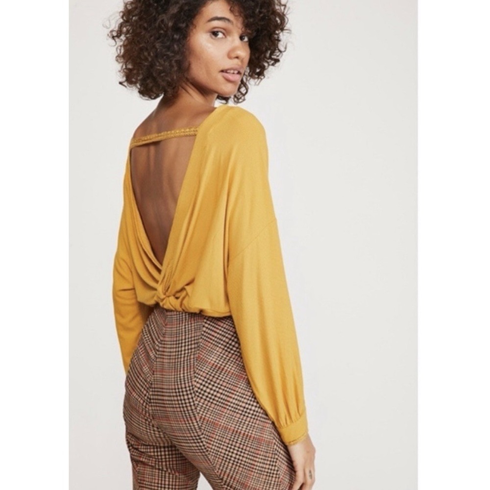 Free People Shimmy Shake Top Size Small Mustard Twist Front Long Sleeve